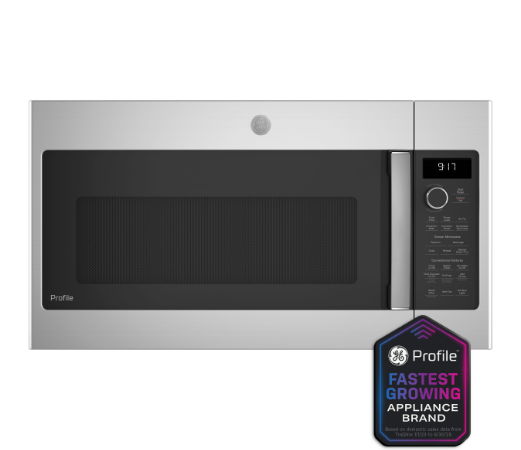 Microwave oven with digital controls and energy efficiency badge.