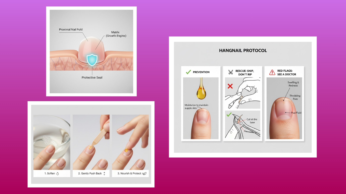 Illustration demonstrating cuticle care without damage, showing gentle pushback after softening, moisturizing cuticles, and safe trimming of hangnails for healthy nails