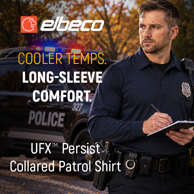 A police officer in a long-sleeve shirt with promotional text.