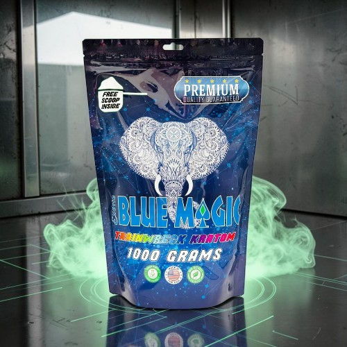 Blue Magic packaging with elephant design, 1000 grams, premium quality.