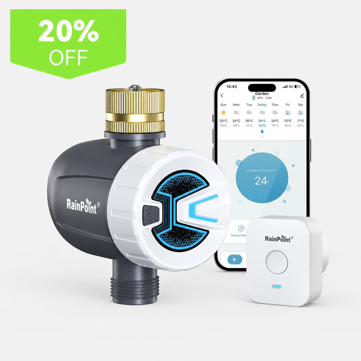 Smart irrigation system with smartphone app and 20% off promotion.