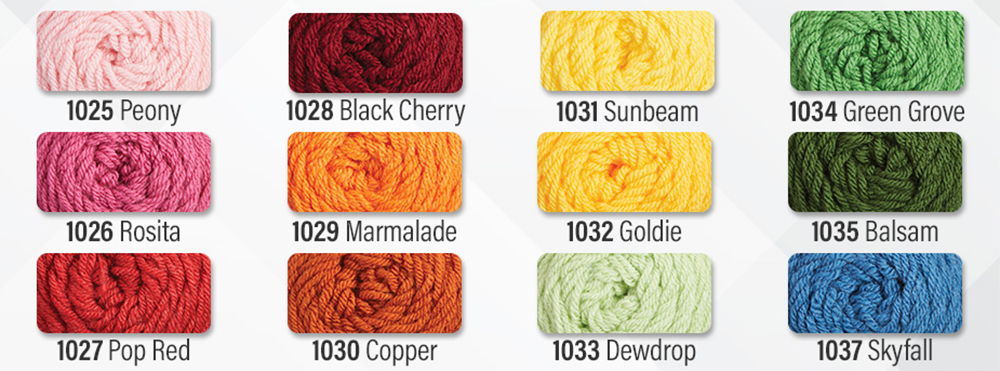 Color swatches of yarn in various shades and names. Herrschners Be-Stitched yarn colors.