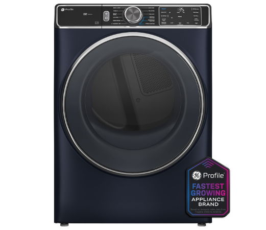 Front-loading washing machine in dark color with control panel and branding.