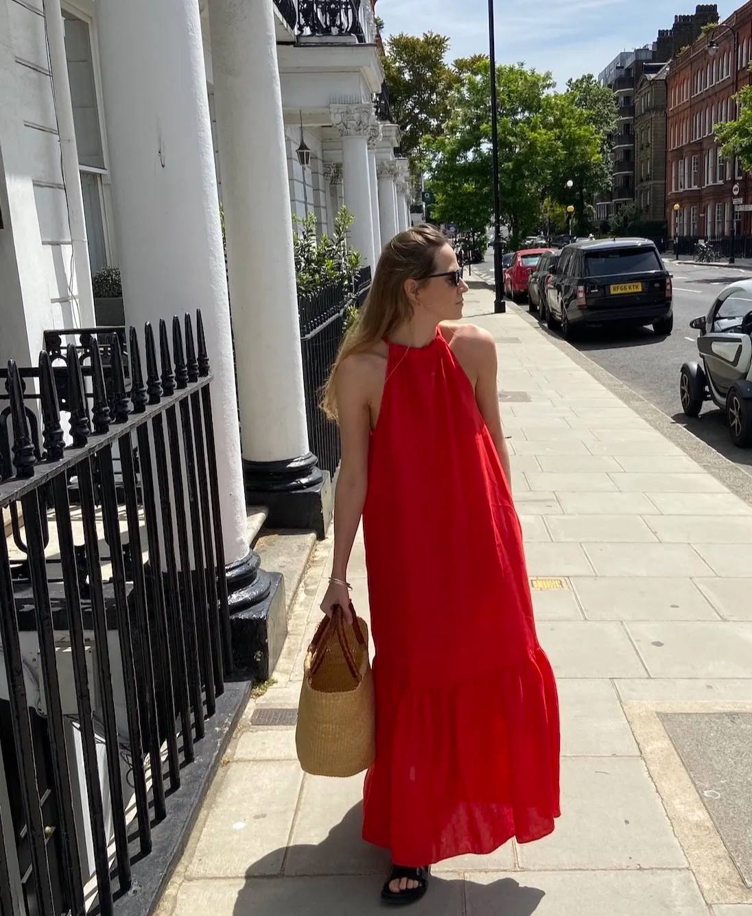 Red high neck tie linen maxi dress