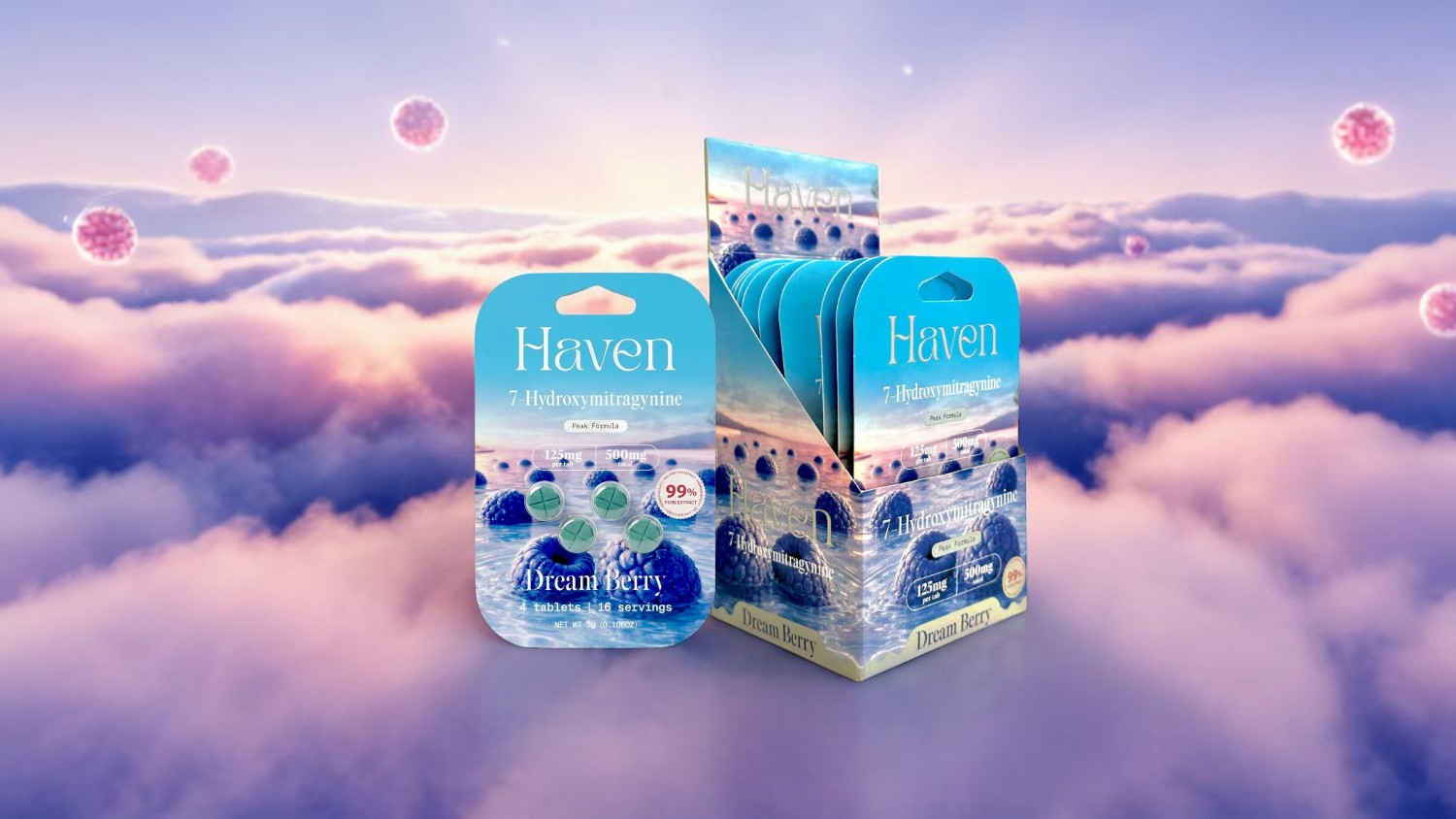 Packaging of a product displayed on clouds with a dreamy background.