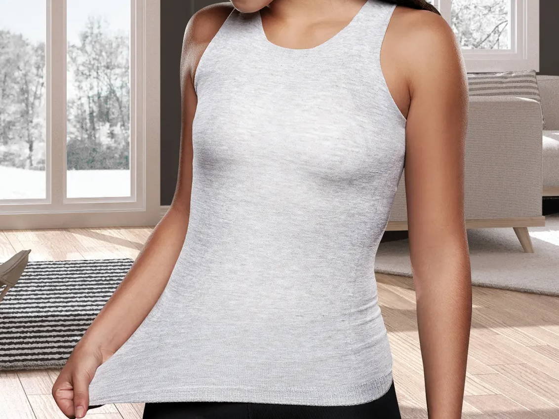 Female stretching out Knit-Rite Torso-Inteerface in grey