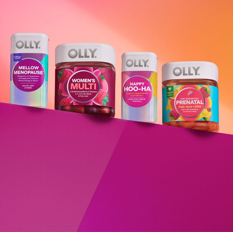 OLLY Products lined up on a shelf