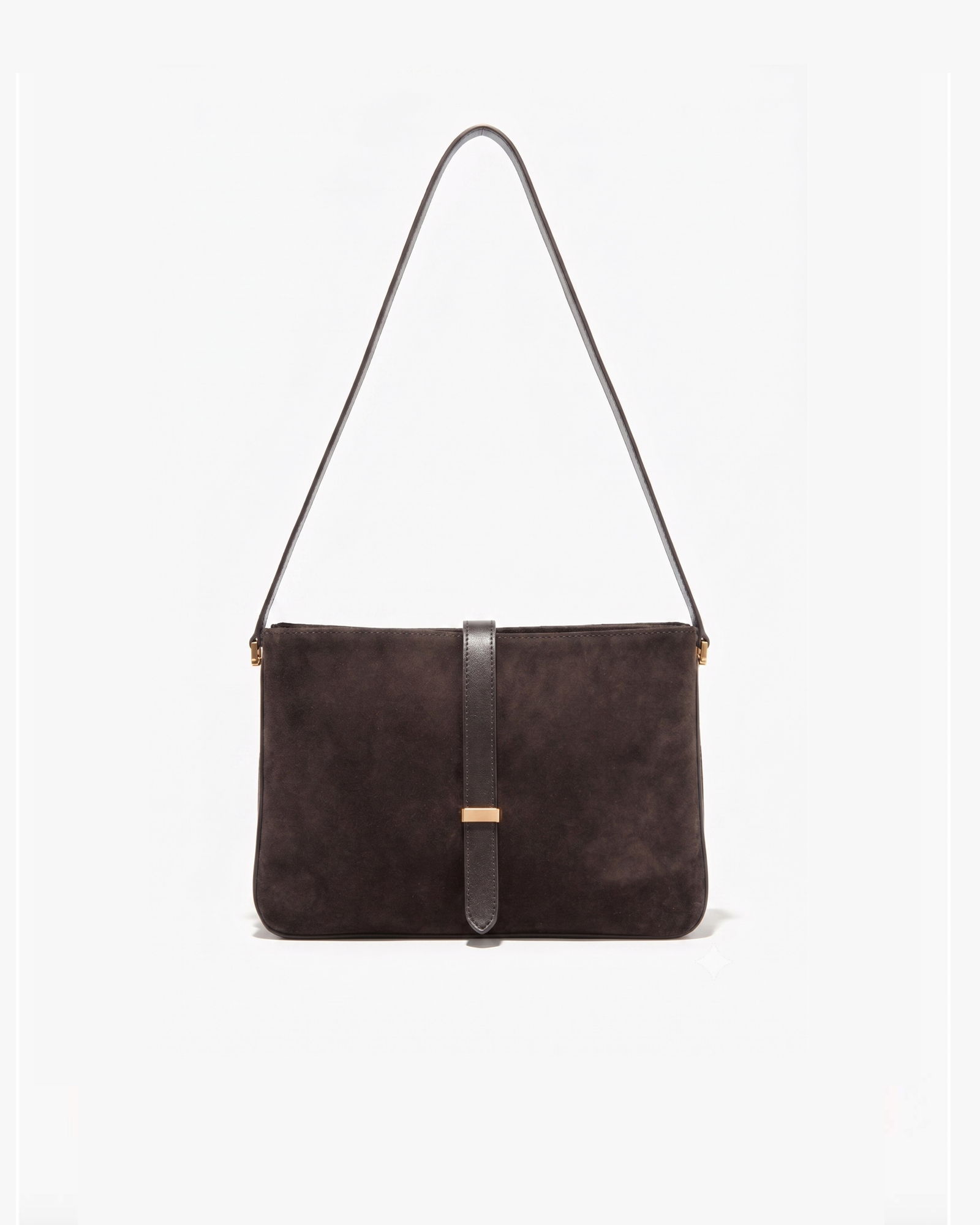 Black suede crossbody bag with a long strap and metal accent.