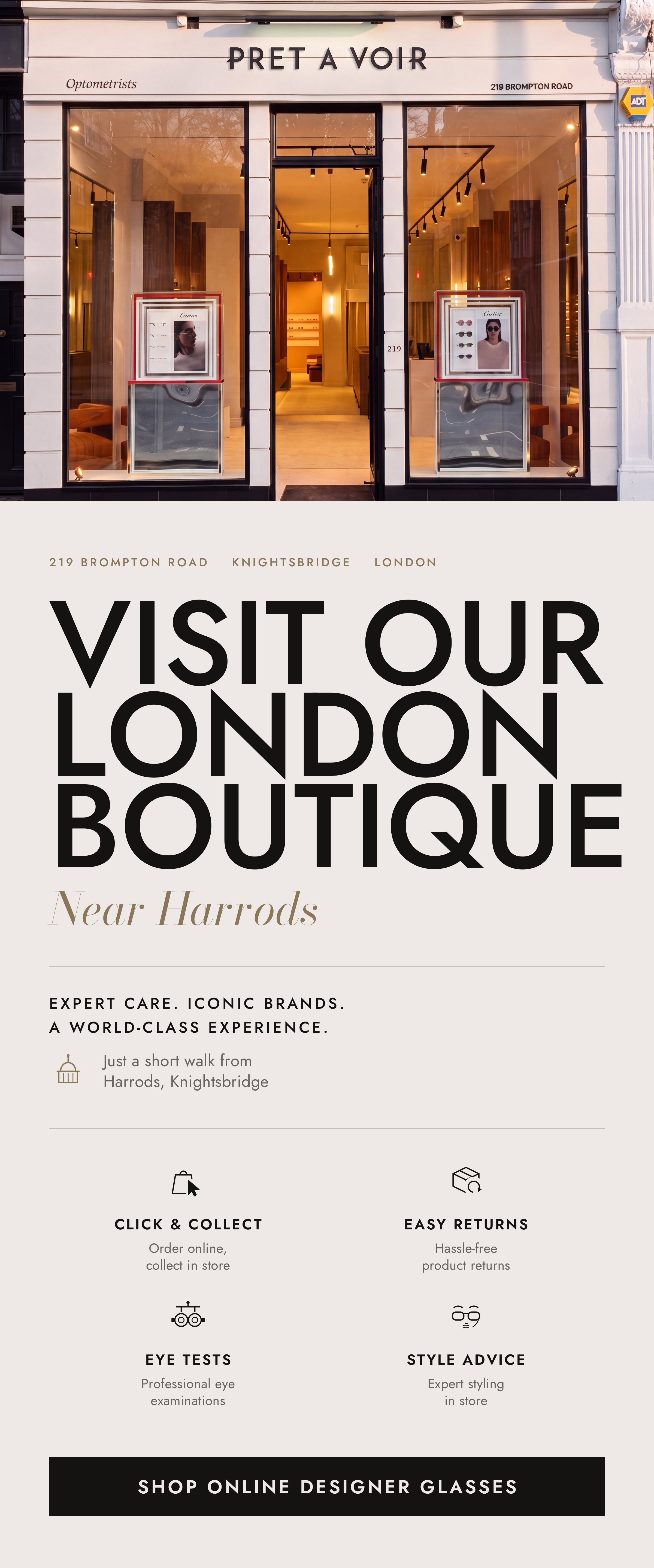 Image of a boutique storefront with promotional text for designer glasses.
