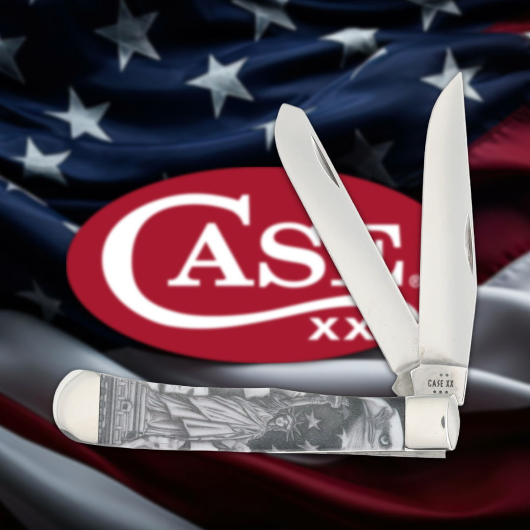 Knife with open blades over an American flag background and CASE logo.