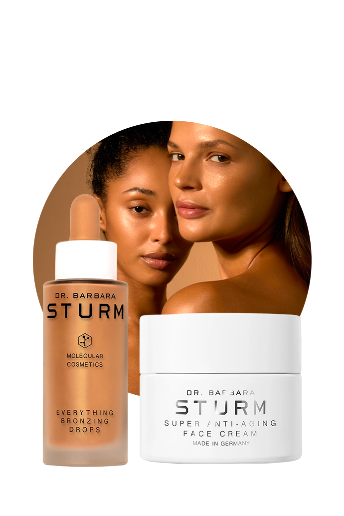 Two women with skincare products by Dr. Barbara Sturm.