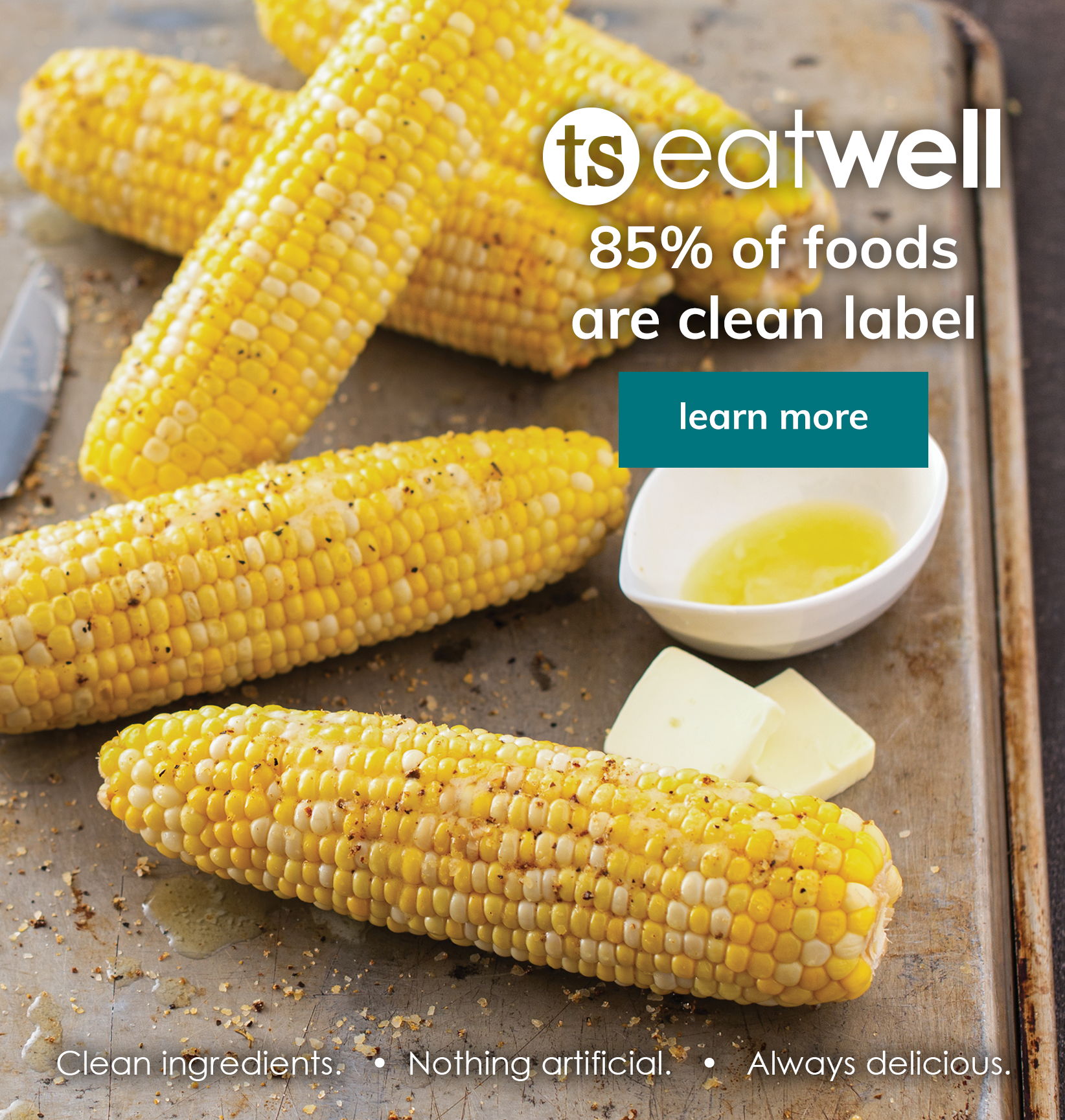ts eatwell banner featuring corn on the cob and melted butter in a bowl with a learn more button