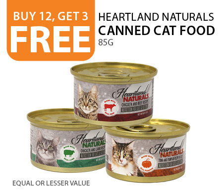 Buy 12, Get 3 Free Heartland Naturals canned cat food 85g. Equal or lesser value.