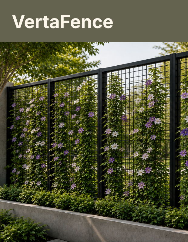Verta Fence Guide showcasing planters with green plants and purple trailing vines on a black steel trellis.