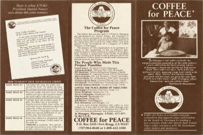 Brochure promoting a coffee program for peace initiatives.