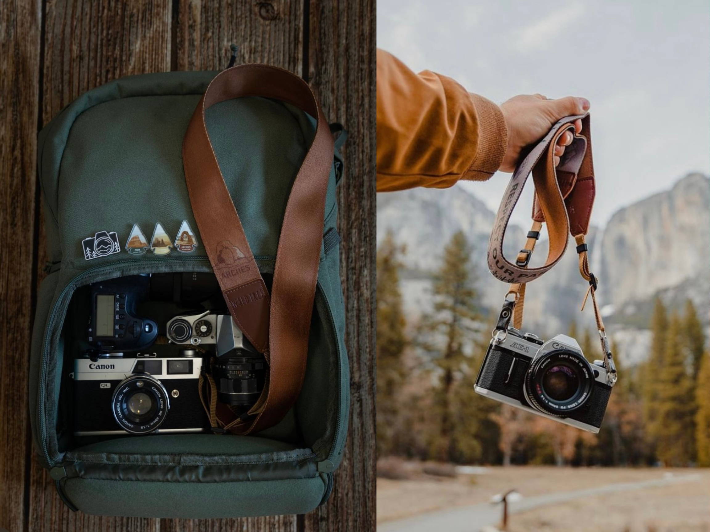 Two neck camera straps, one in a backpack and one being held outside.
