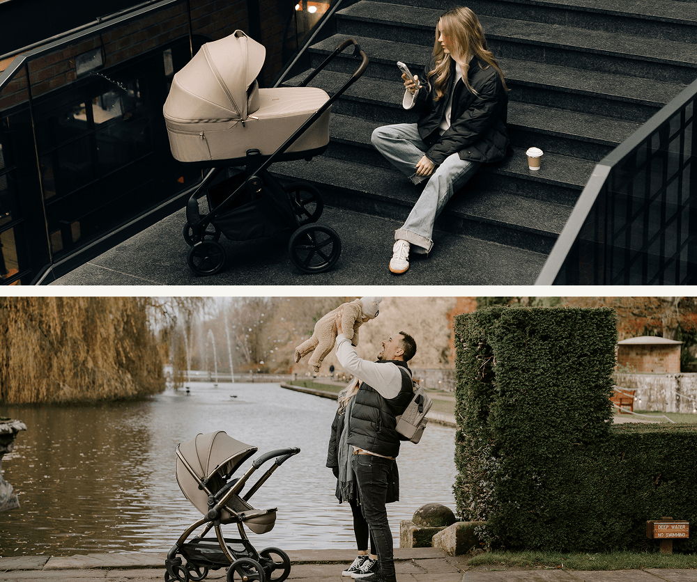 A woman with a stroller and a man holding a baby near water.