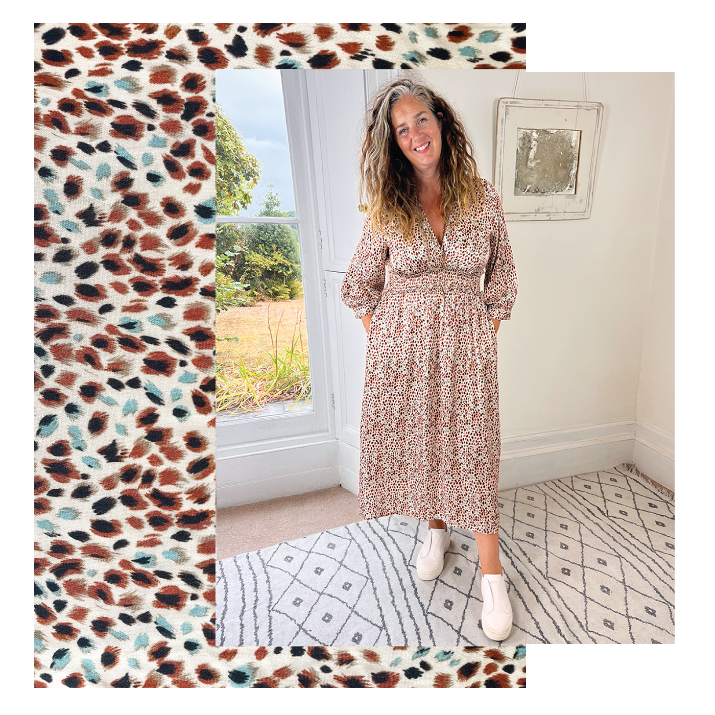 Emma wearing a leopard print dress