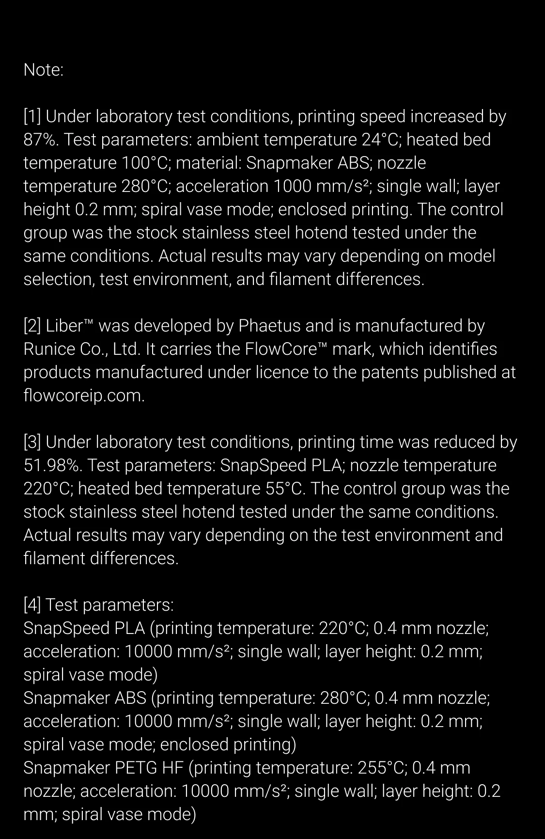 Technical specifications and test conditions for 3D printing materials and methods.