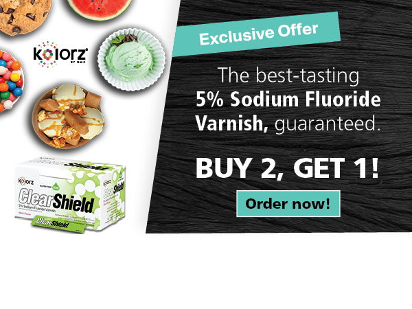 Promotional graphic for sodium fluoride varnish, featuring a buy two, get one offer.