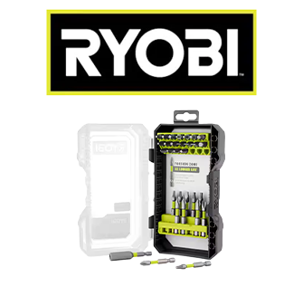 RYOBI tool kit with various bits in a protective case.