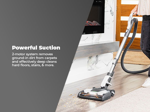 Vacuum cleaner with powerful suction for various surfaces.