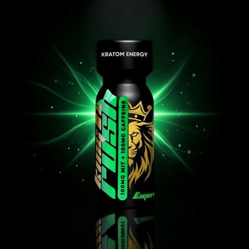Black energy drink bottle with green accents and lion logo.