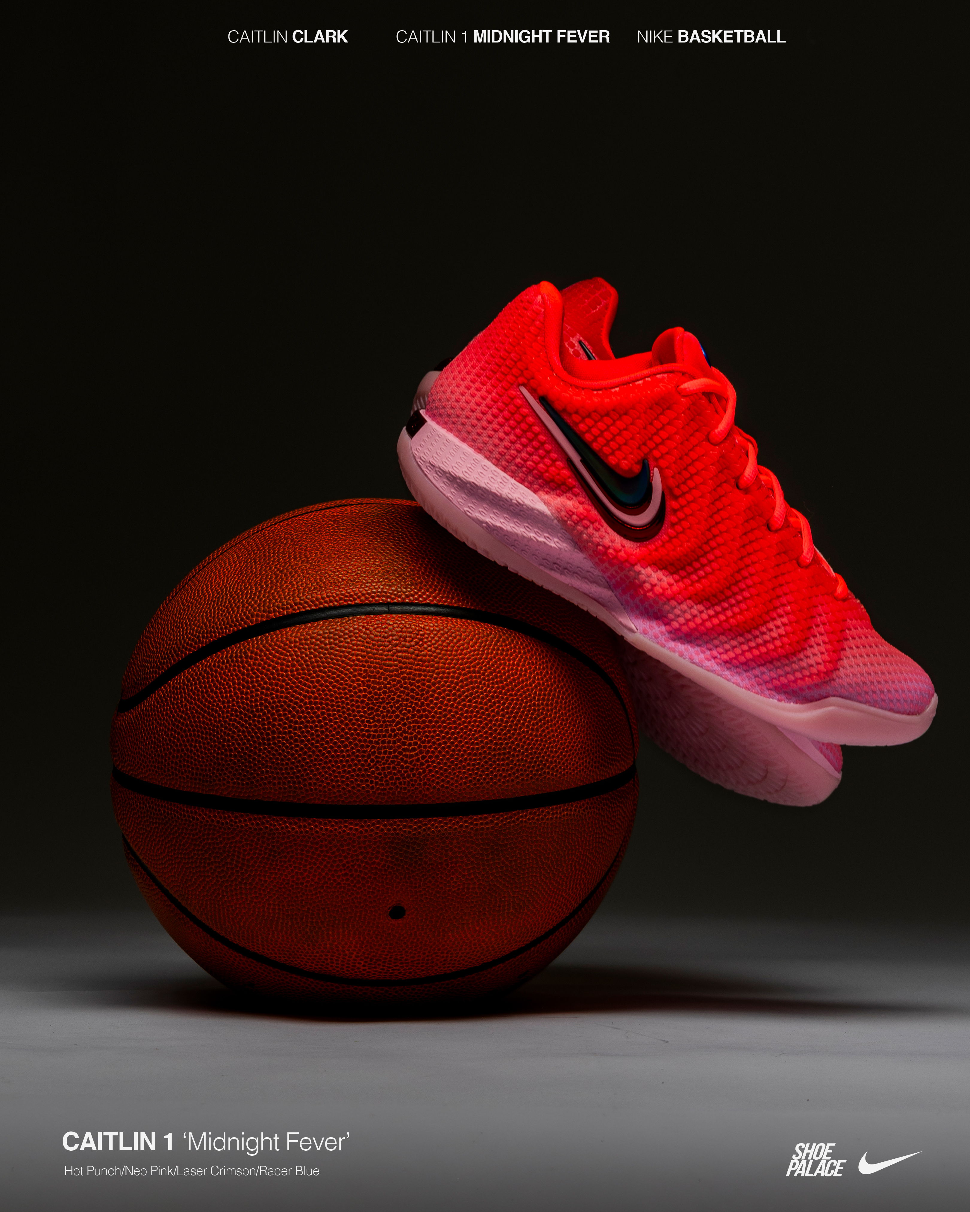 Red Nike basketball shoes on top of a basketball.