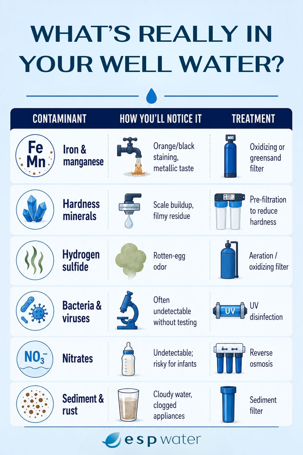 Infographic about well water contaminants, their effects, and treatment options.