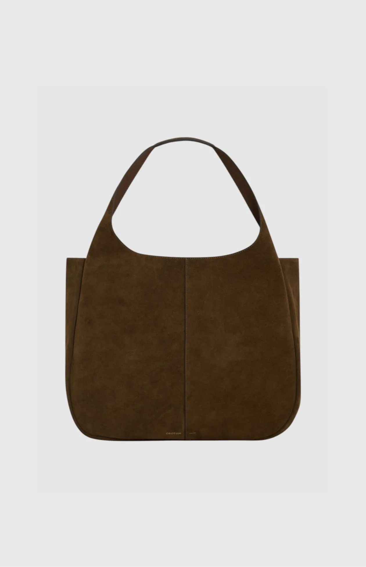 Brown suede tote bag with a rounded handle.