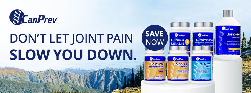 Promotional banner for joint pain relief products with mountain background.