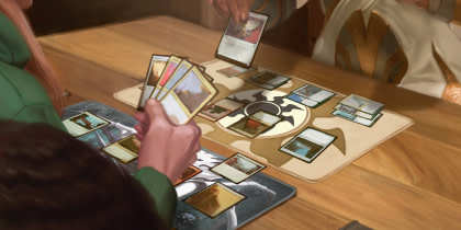 mtg double strike - Players engaged in a card game at a wooden table.