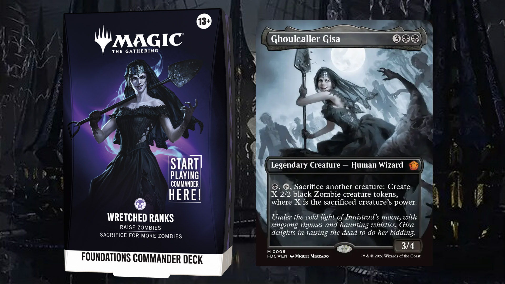 The Magic: The Gathering Foundations Commander Deck Wretched Ranks featuring Ghoulcaller Gisa.