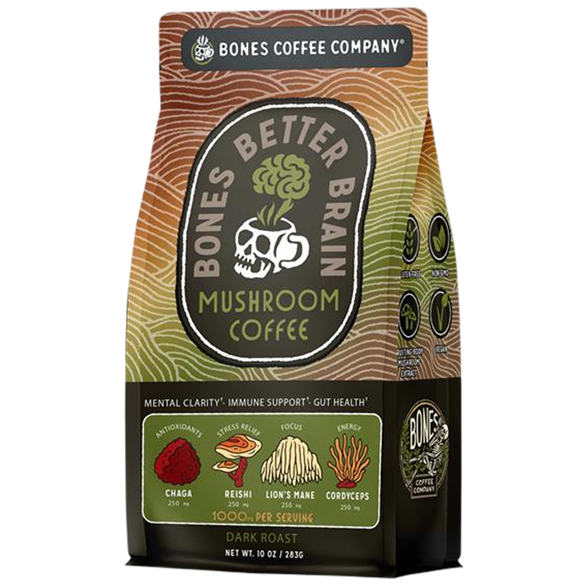 A ten ounce bag of Bones Better Brain Dark Roast Mushroom Coffee.