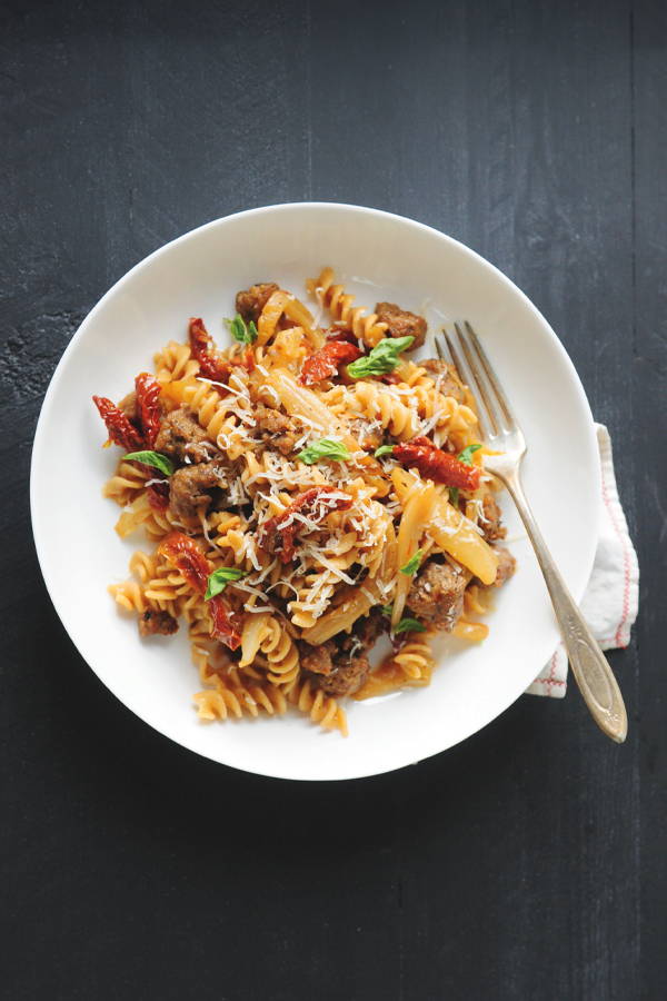 Fusilli pasta with sun-dried tomatoes, sausage and fennel