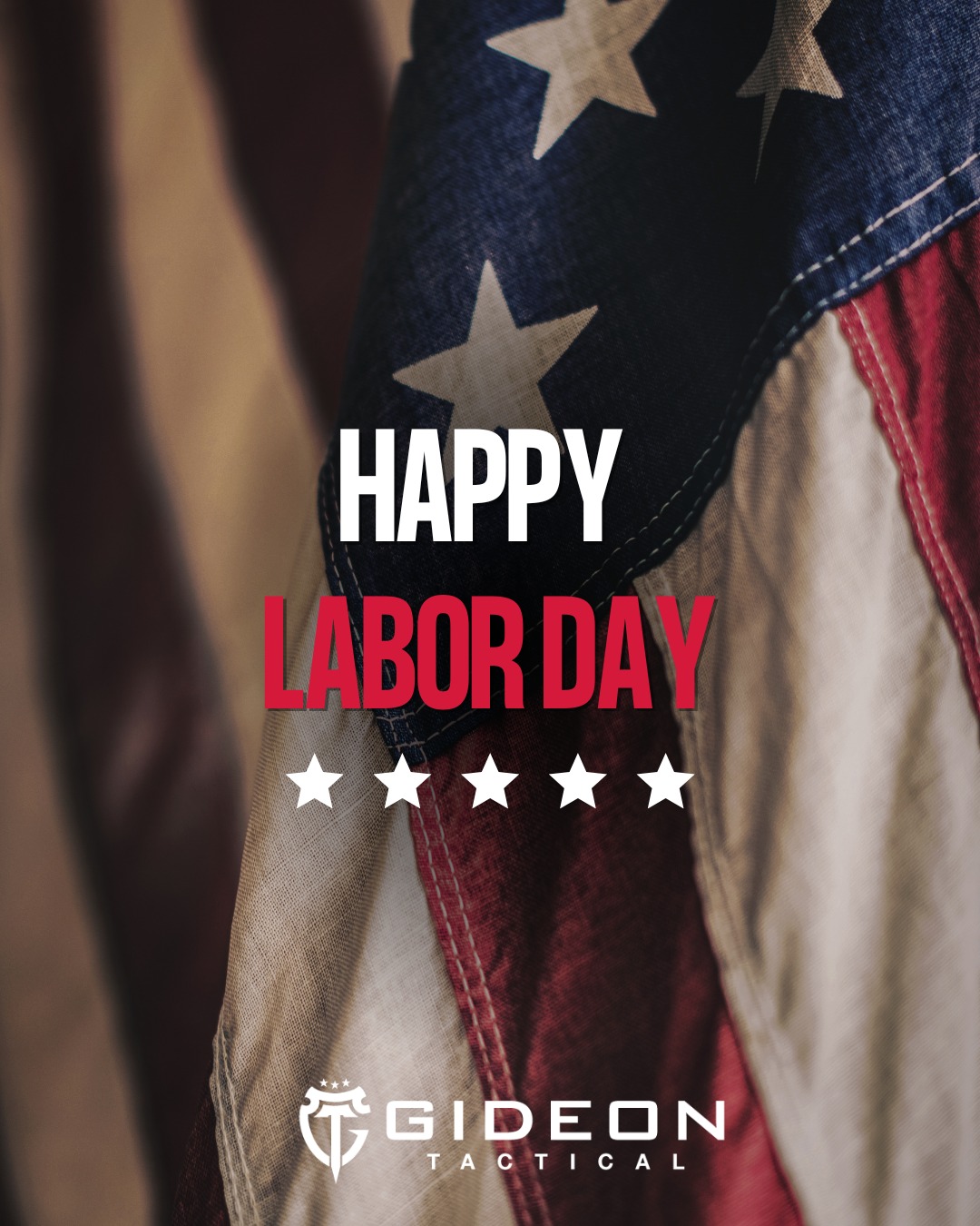 Happy Labor Day text over an American flag background.