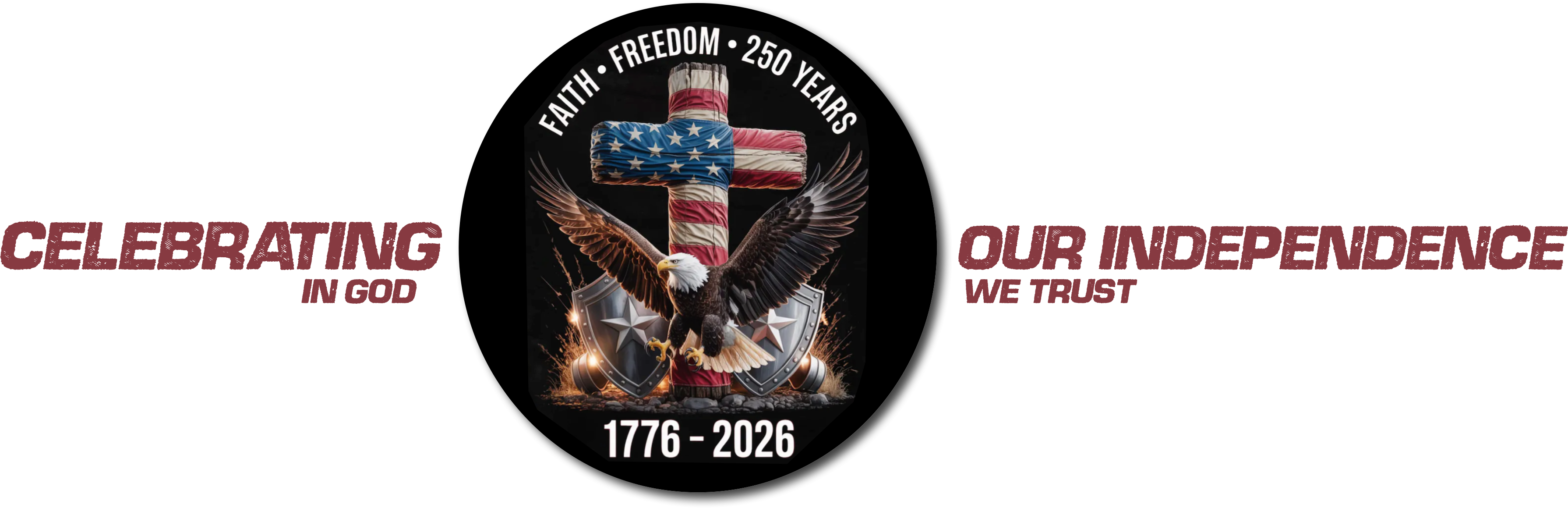 Logo featuring American flag, eagles, and text commemorating 1776-2023.