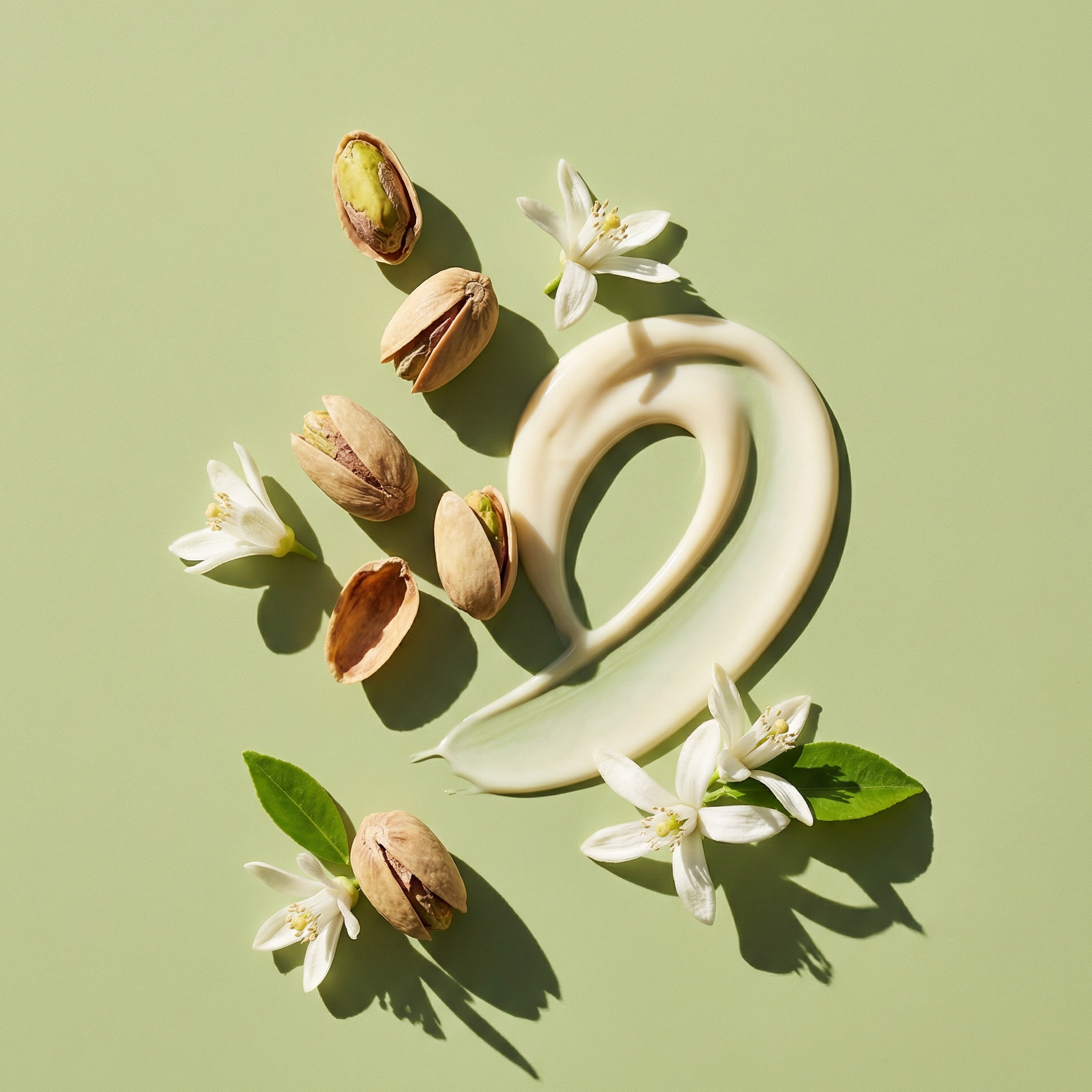 Green cream with a bottle in a clear glass container.