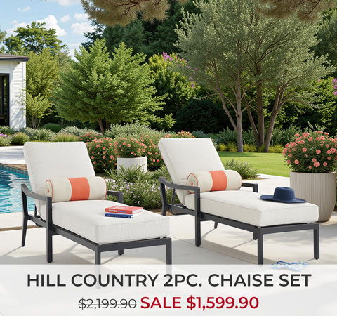 Two chaise lounges by a pool with sale price displayed.