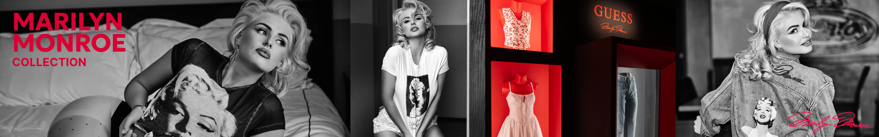 Collage of black and white images featuring the GUESS x Marilyn Monroe Collection