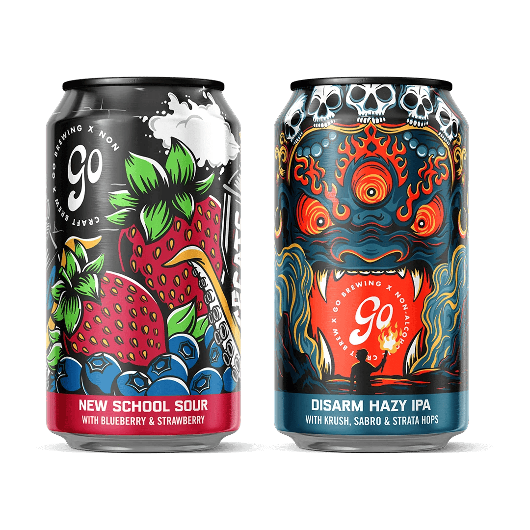 Two colorful beer cans with unique designs and flavors.