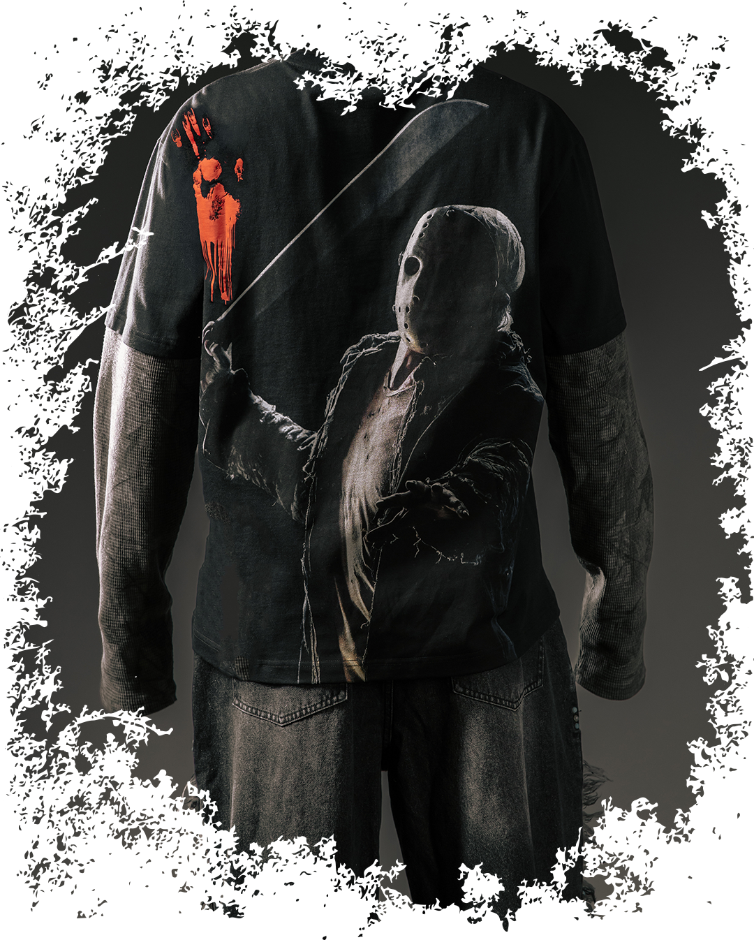 A black long-sleeve shirt featuring a horror character design.