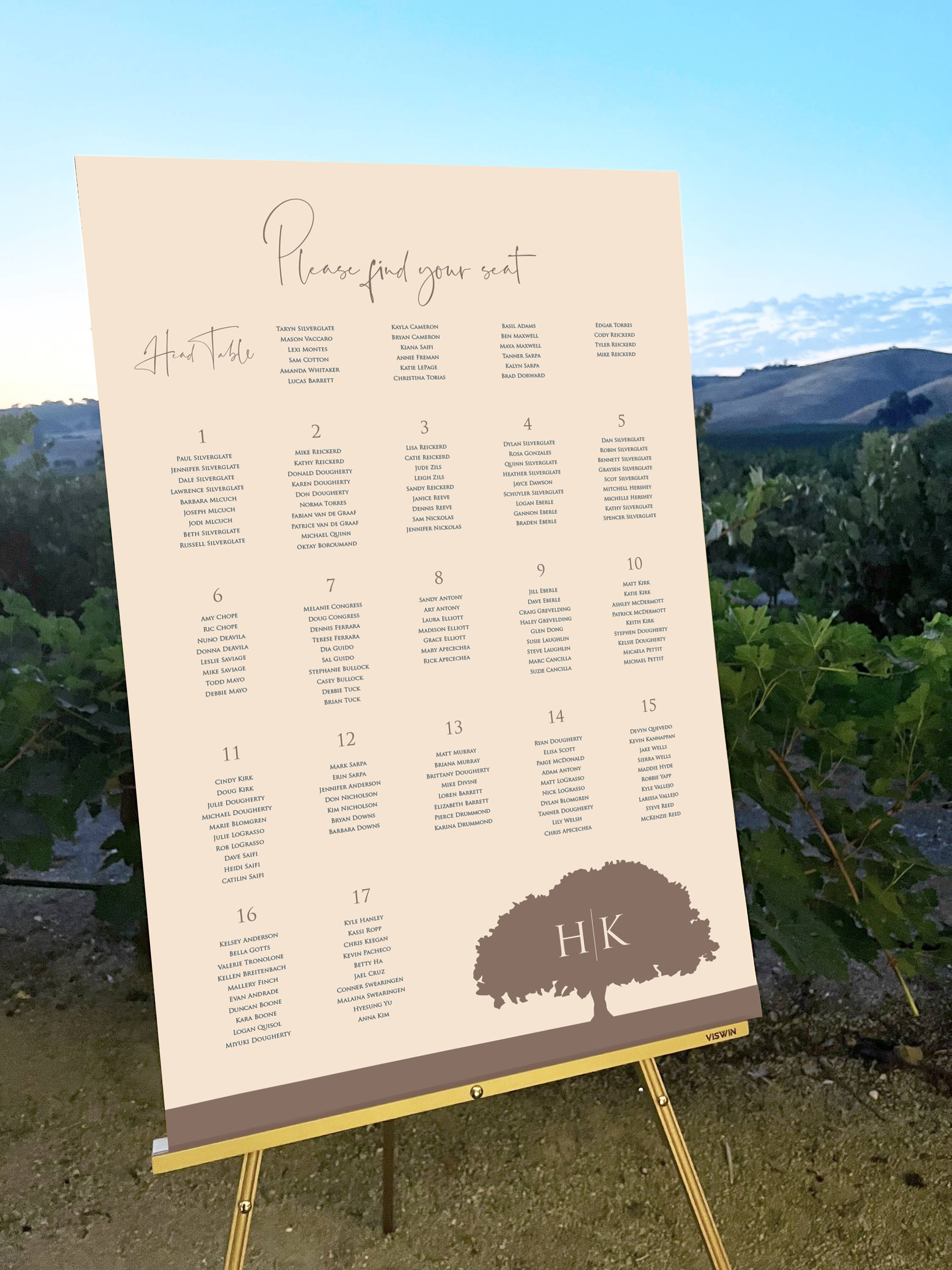 Large format custom printed wedding seating chart on easel