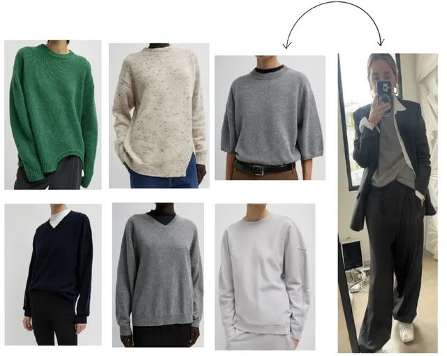 A collection of sweaters and a person in stylish attire.