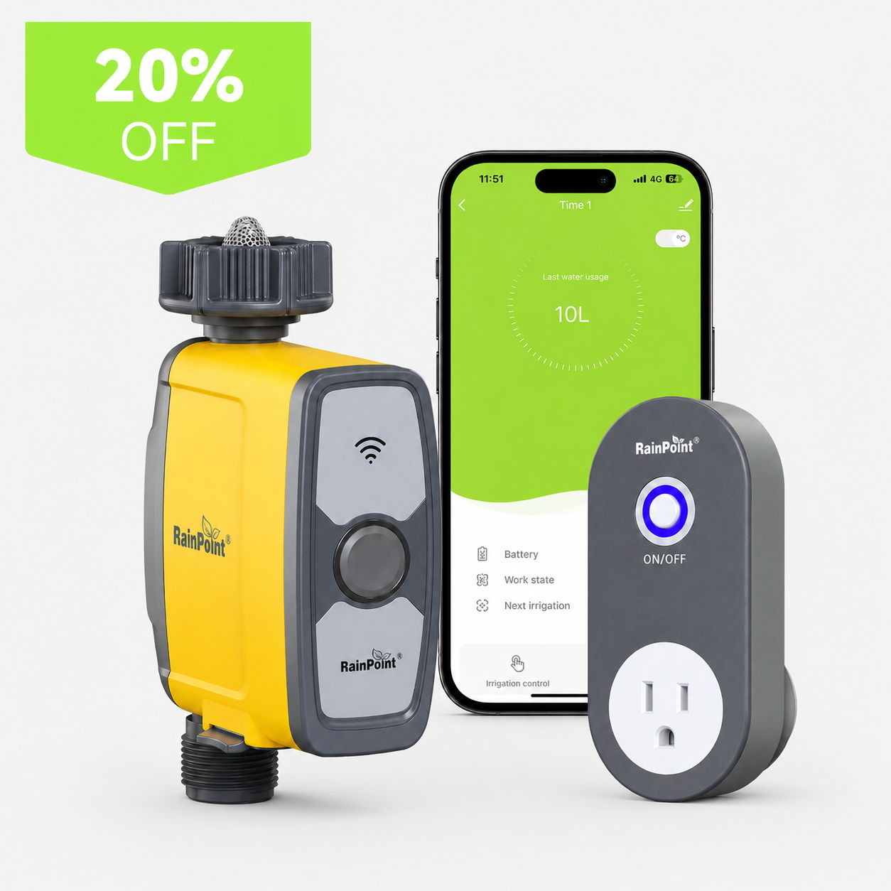 Smart irrigation device, smartphone app, and outlet, with a 20% discount banner.