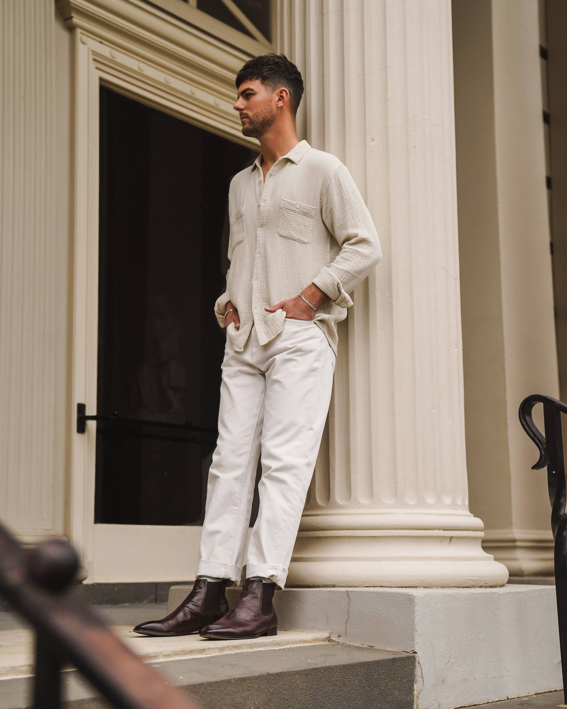The Osbourne 2.0 Chelsea Boots in Oxblood worn with white pants and off-white shirt