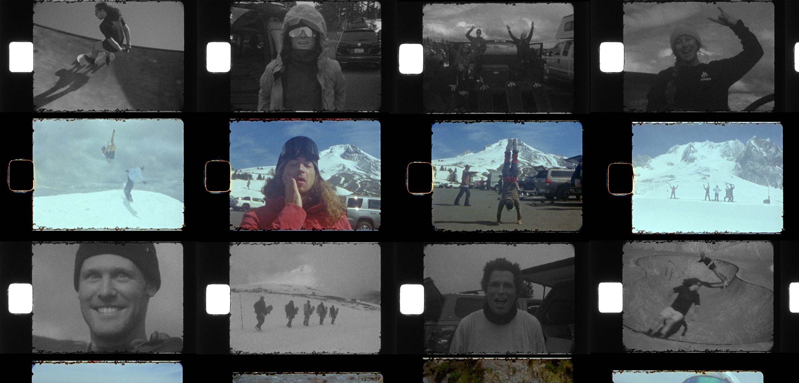 A collage of black and white ski photos on film strips.
