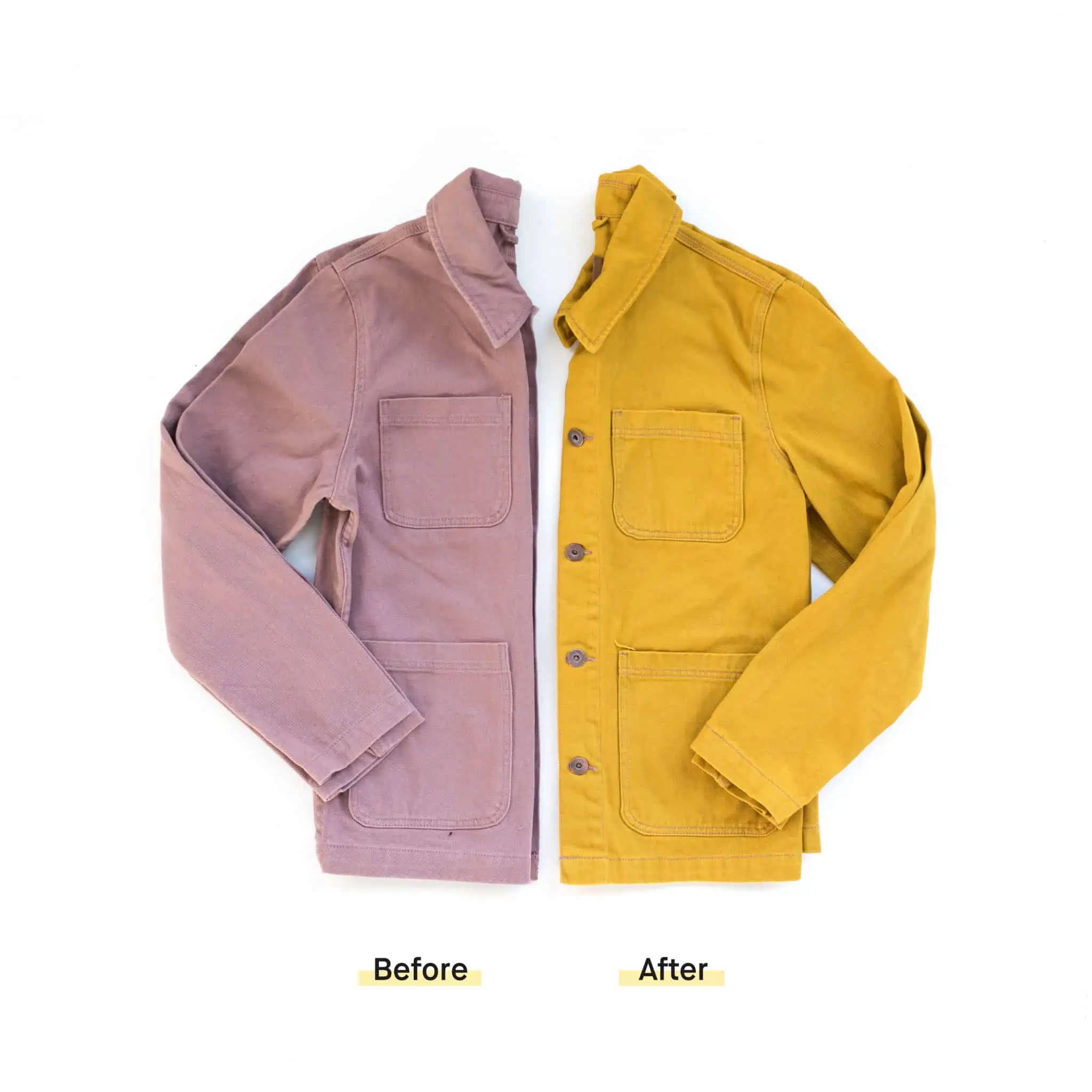 A side-by-side comparison of a purple jacket and a yellow jacket.