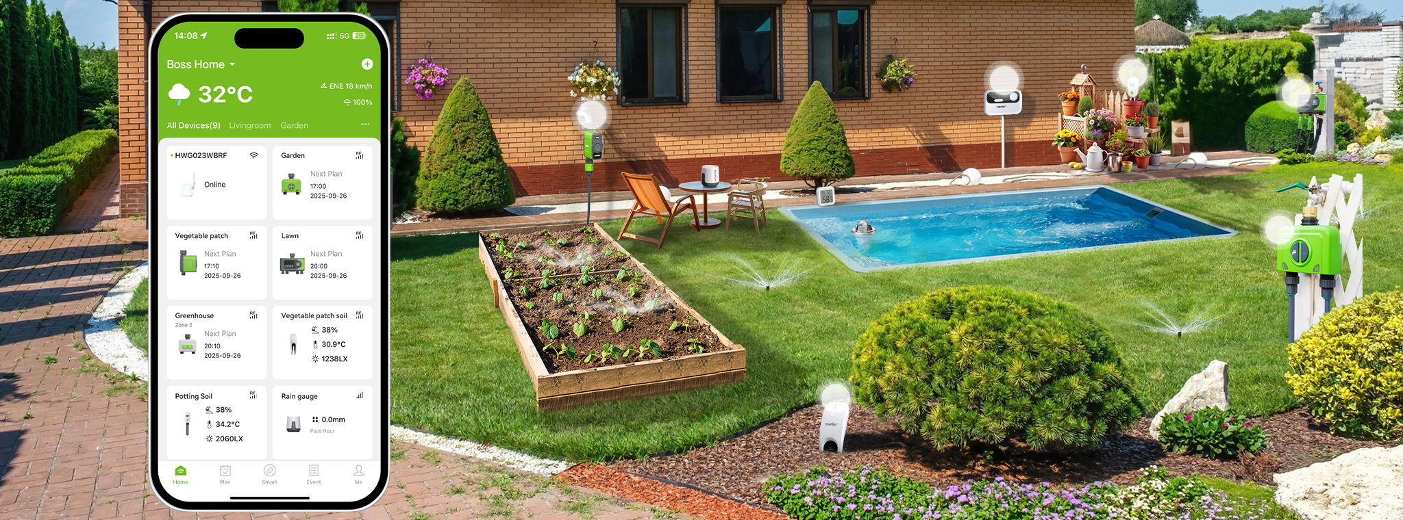 Bild eines Smartphones, das eine Gartenmanagement-App mit einem angelegten Garten und Pool anzeigt.
