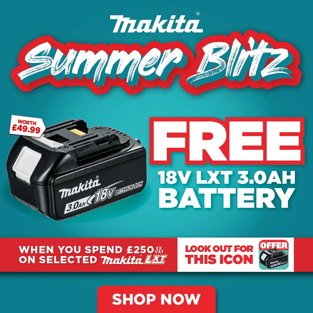 Makita Summer Blitz promotion for free 18V LXT 3.0Ah battery with purchase.